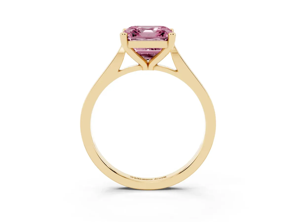 Fancy Pink Asscher Cut Solitaire Diamond Ring with Four-Prong Setting and Tapered Band Yellow gold