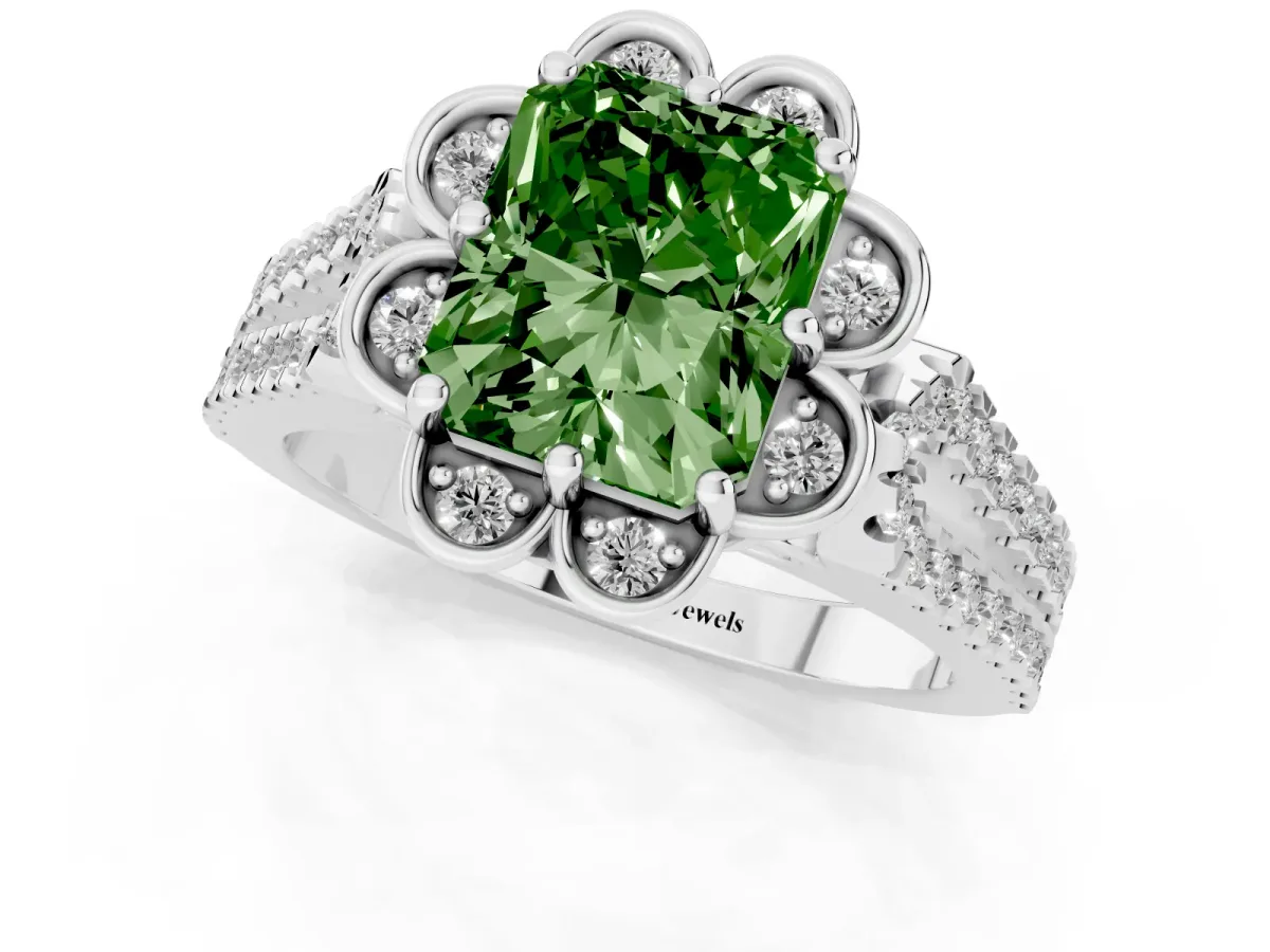 Fancy Green Radiant Cut Halo Diamond Floral Split Shank Engagement Ring Silver