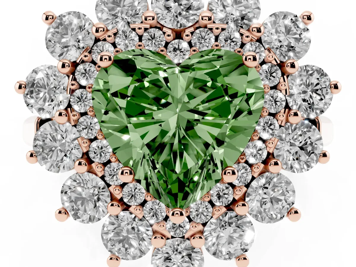 Fancy Green Heart Cut Diamond Floral Double Halo Engagement Ring with Prong Setting Rose gold