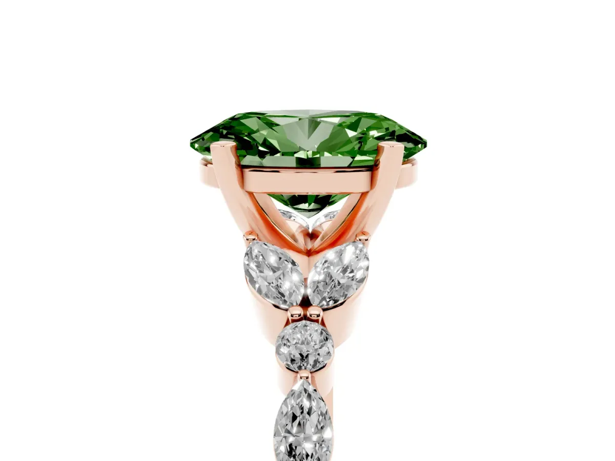 Fancy Green Oval Cut Diamond Solitaire Ring with Side Stones and Four-Prong Setting Rose gold