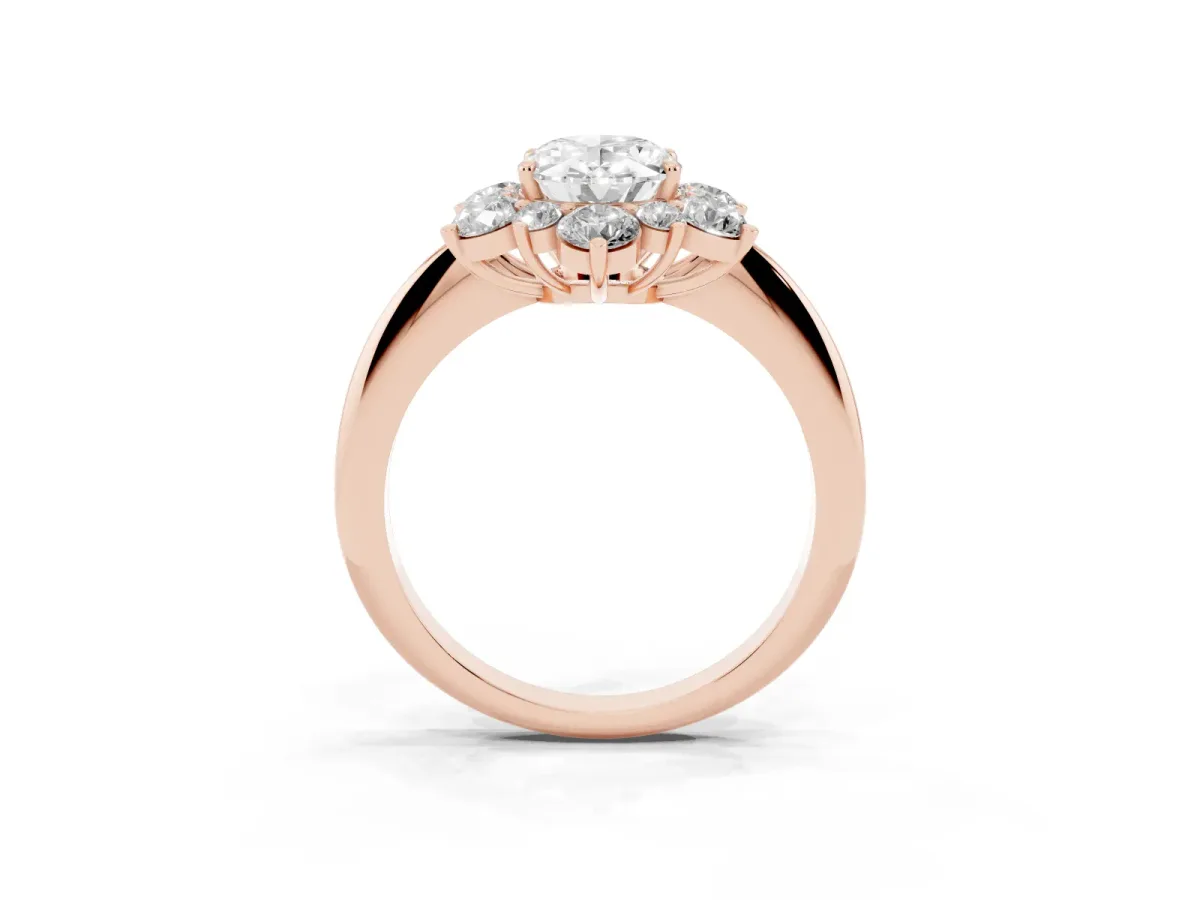 Oval Cut Diamond Cluster Halo Ring with Solitaire Band and Four-Prong Setting Rose gold