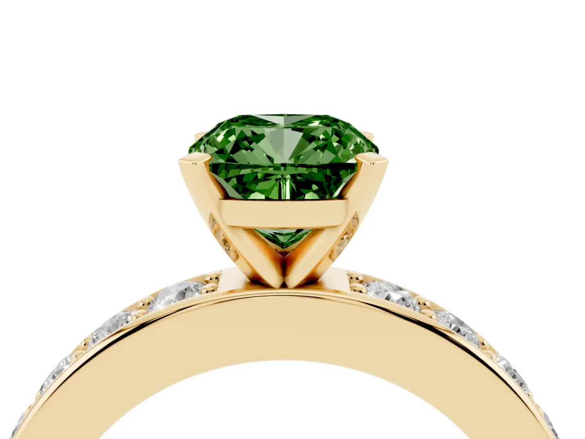 Fancy Green Cushion Cut Diamond Engagement Ring with Channel Set Round Band and Prong Setting Yellow gold