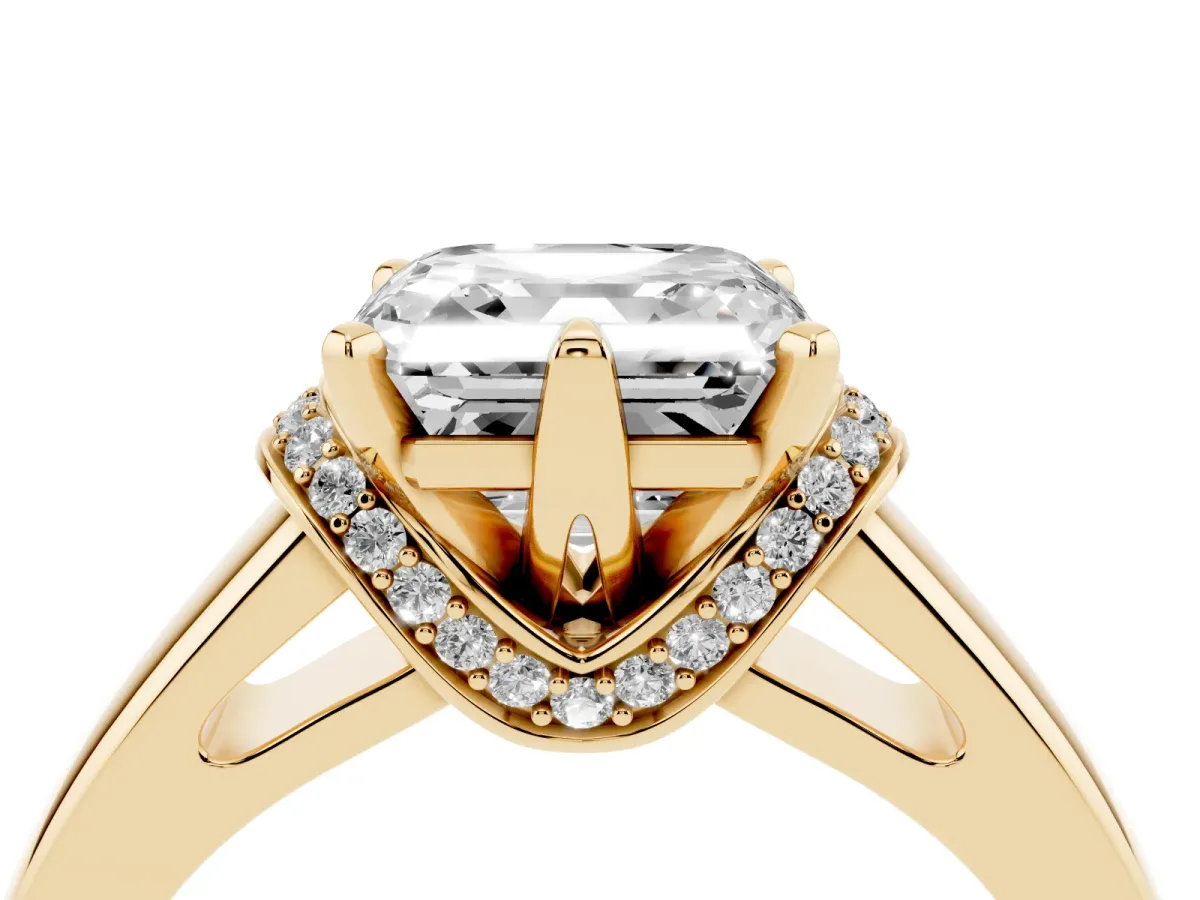 Asscher Cut Solitaire Diamond Ring with Pave Band and Six-Prong Setting Yellow gold