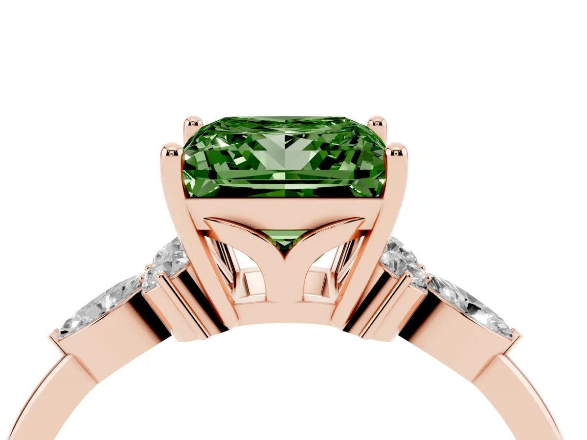 Fancy Green Princess Cut Brilliant Diamond Solitaire Ring with Pear Side Stones and Four-Prong Setting Rose gold