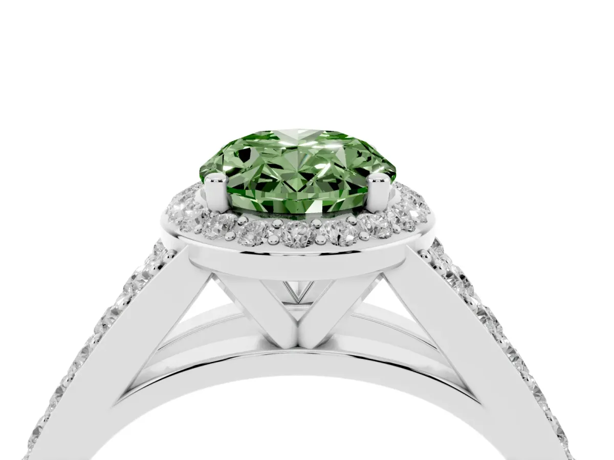 Fancy Green Oval Cut Diamond Split Shank Halo Ring with Four-Prong Setting Silver
