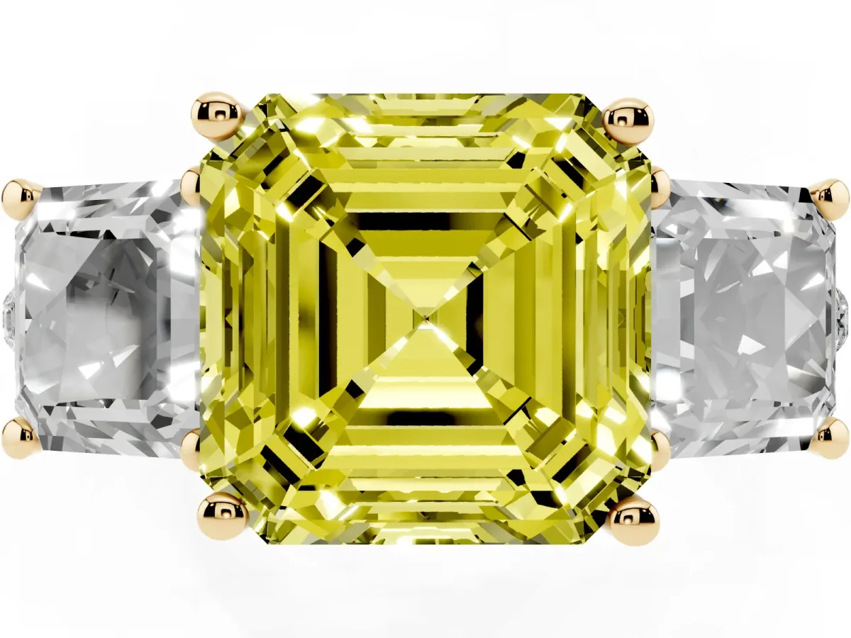 Fancy Yellow Three-Stone Asscher Cut Diamond Ring with Round Pavé Band and Prong Setting Yellow gold