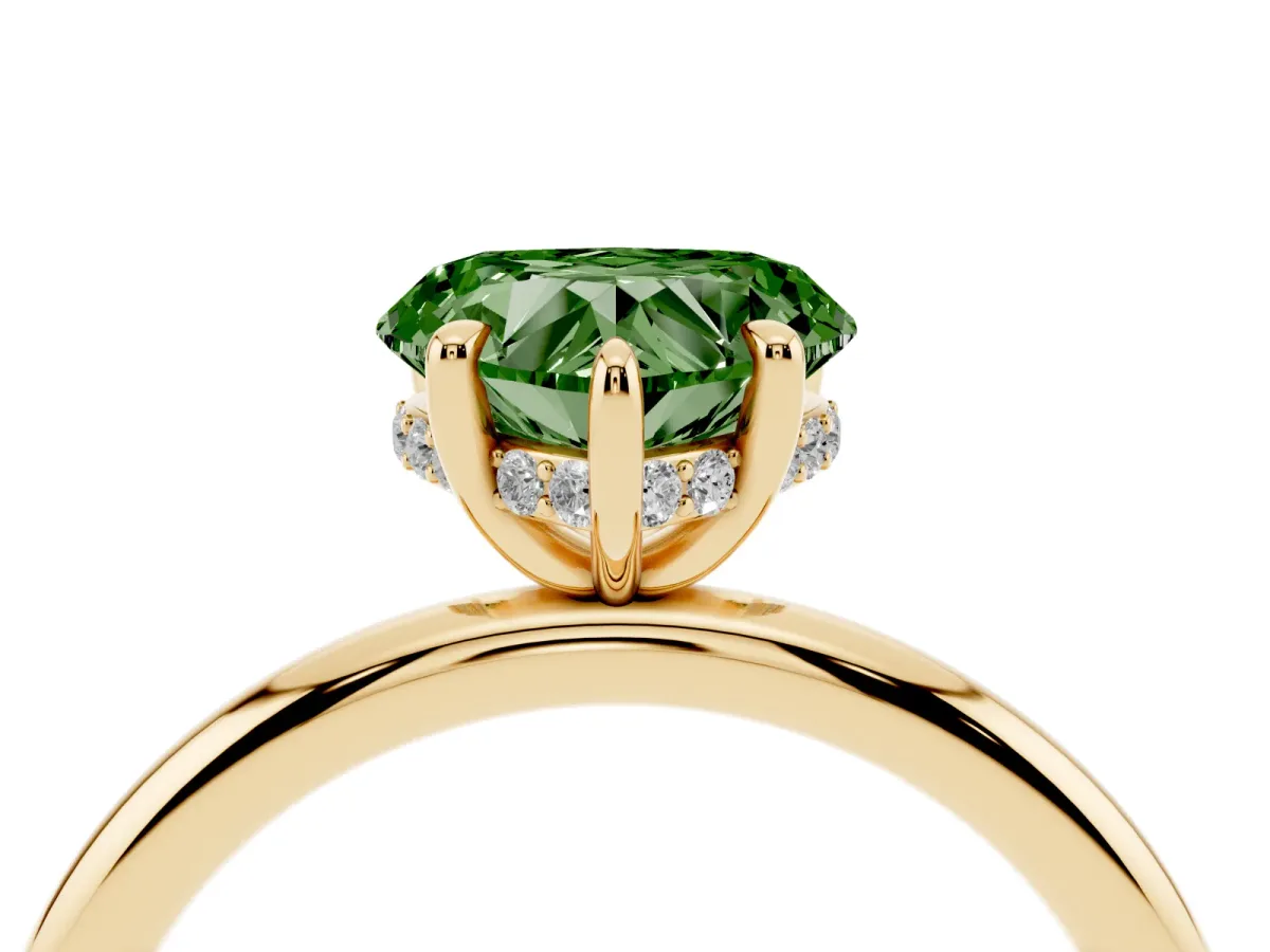 Fancy Green Heart Cut Diamond Solitaire Ring with Thin Band and Four-Prong Setting Yellow gold