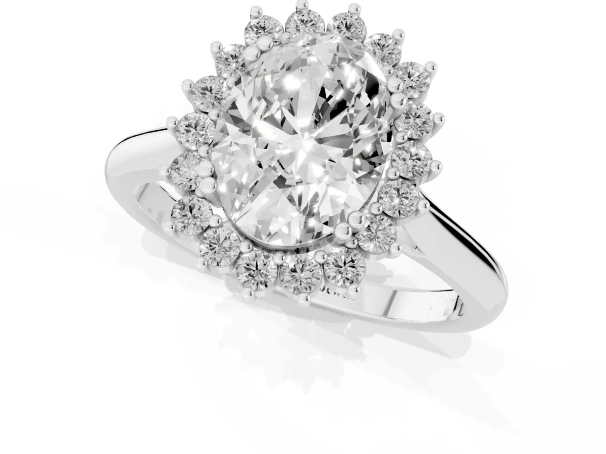 Oval Cut Cut Diamond Halo Ring with Solitaire Band and Prong Setting Silver
