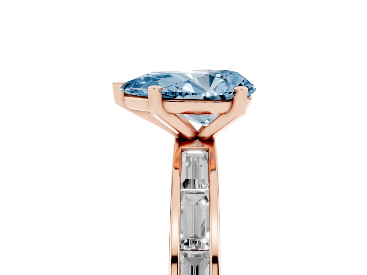 Fancy Blue Pear Cut Solitaire Diamond Ring with Channel-Set Baguette Band and Four-Prong Setting Rose gold