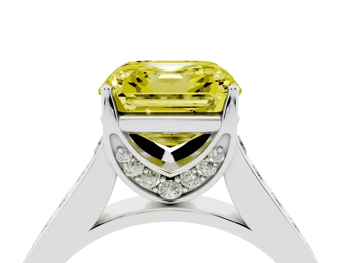 Fancy Yellow Asscher Cut Brilliant Cut Diamond Engagement Ring with Pavé Band and Four-Prong Setting Silver