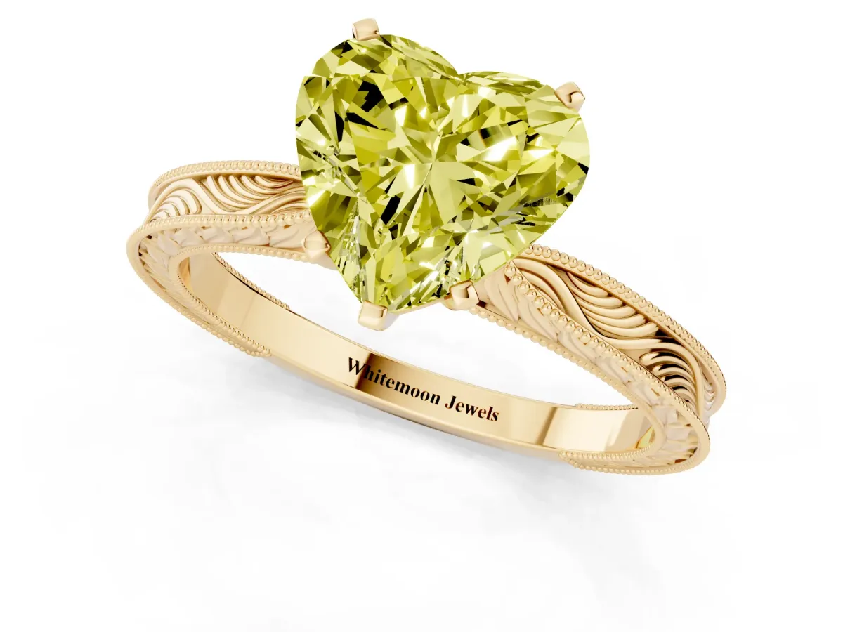 Fancy Yellow Heart Cut Solitaire Milgrain Engraved Band with Four-Prong Setting Yellow gold