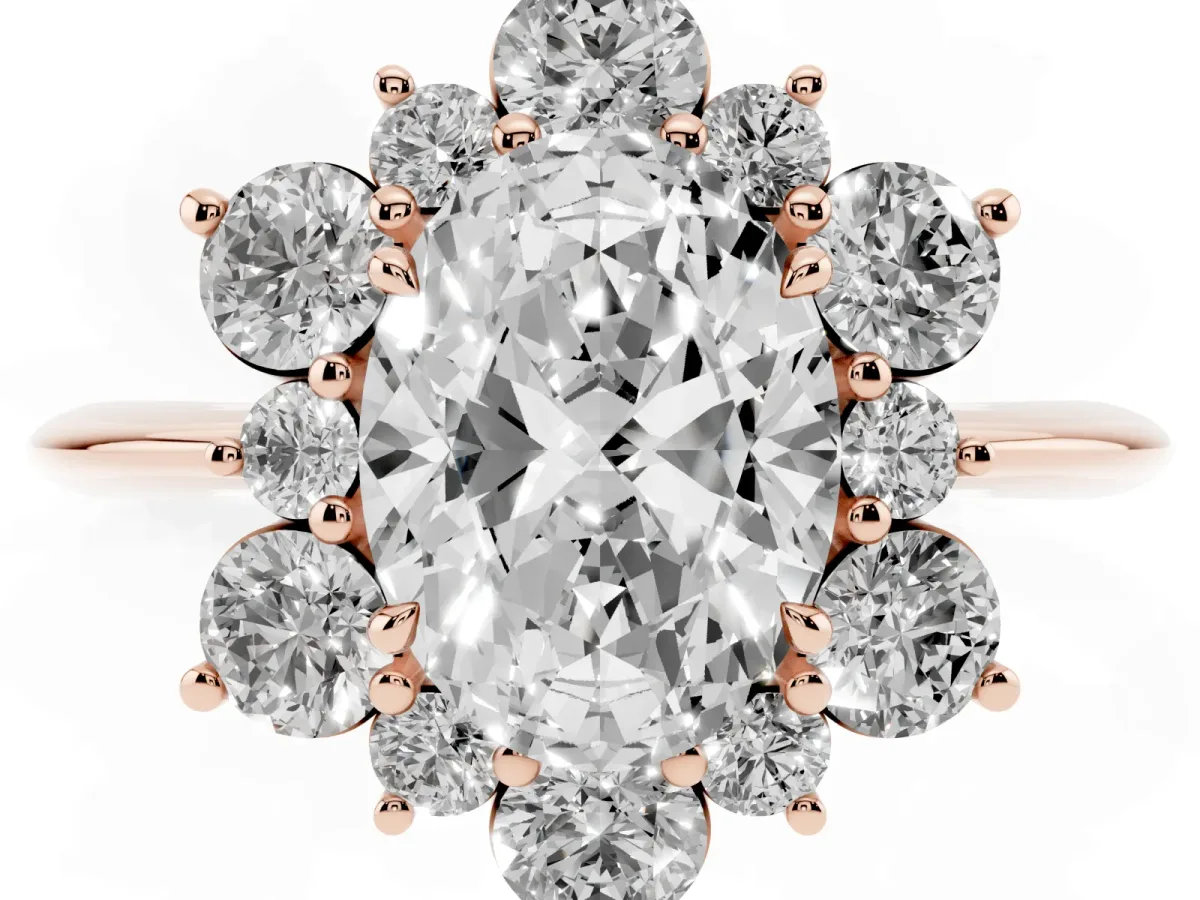 Oval Cut Diamond Cluster Halo Ring with Solitaire Band and Four-Prong Setting Rose gold