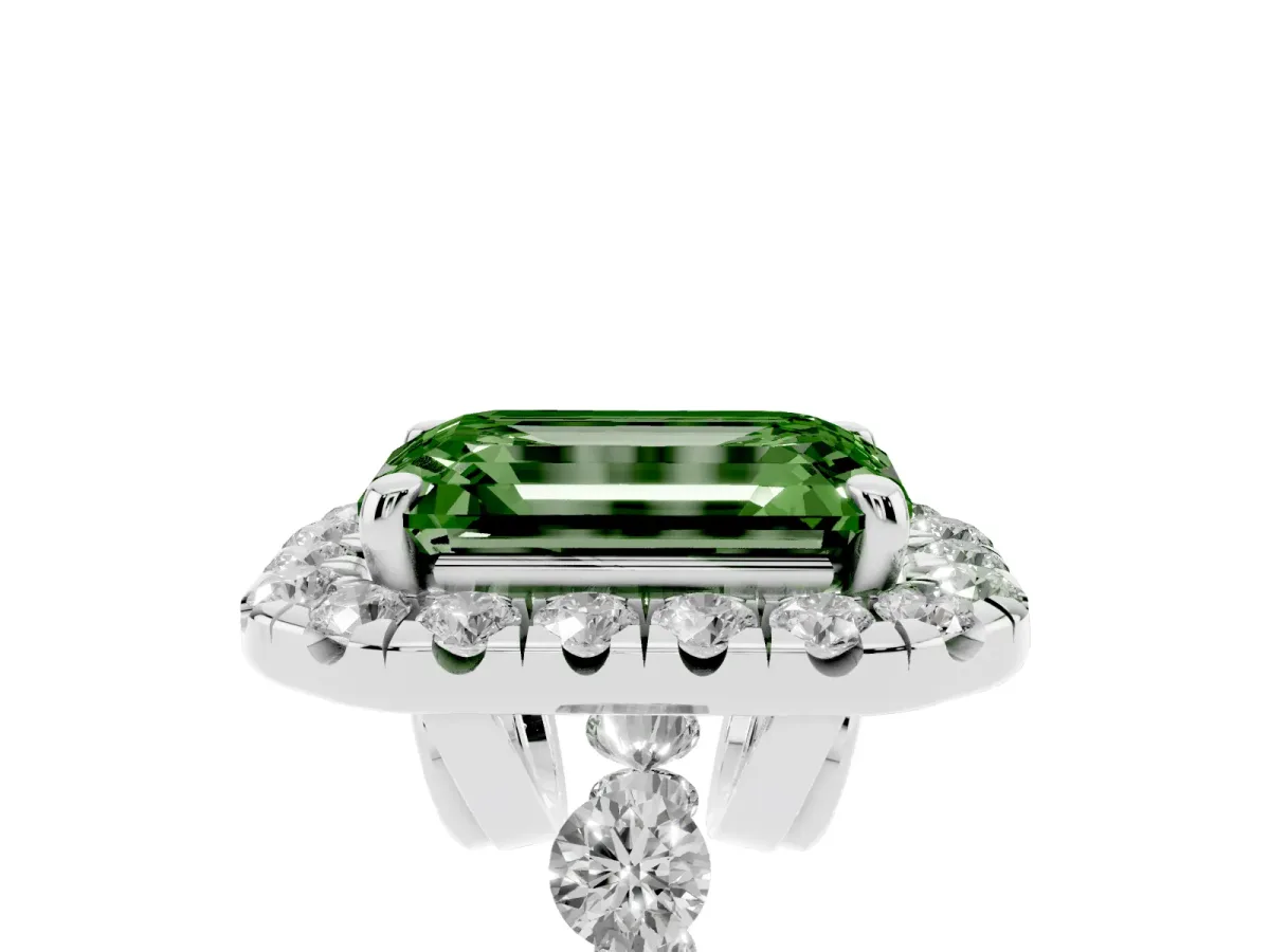 Fancy Green Emerald Cut Halo Pavé Diamond Engagement Ring with Four-Prong Setting Silver