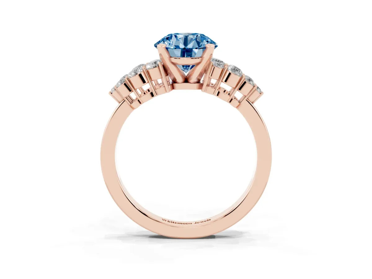 Fancy Blue Round Cut Cluster Diamond Engagement Ring with Pavé Band and Four-Prong Setting Rose gold