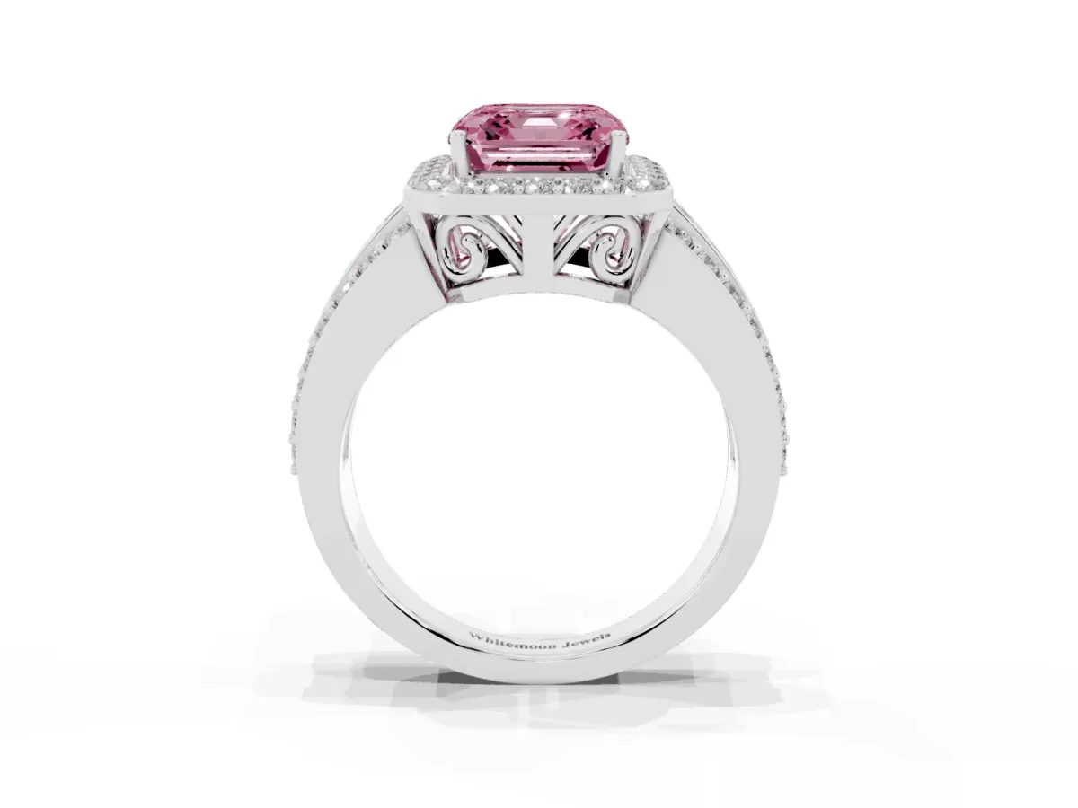 Fancy Pink Asscher Cut Halo Diamond Ring with Round Split Shank and Prong Setting Platinum