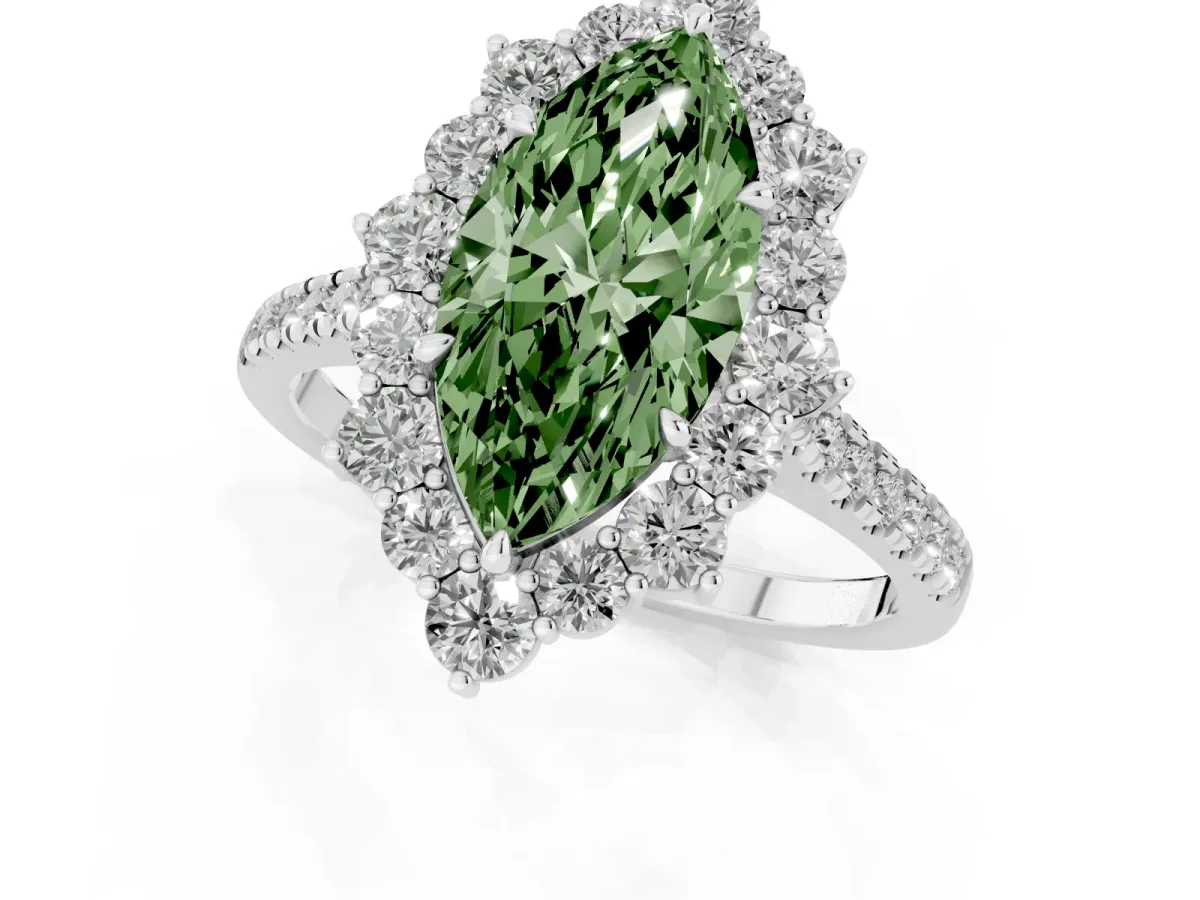 Fancy Green Marquise Cut Halo Diamond Ring with Pavé Band and Prong Setting Silver