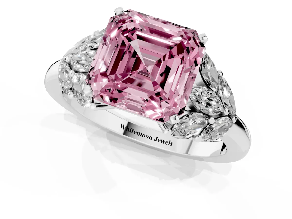 Fancy Pink Asscher Cut Diamond Cluster Leaf Design Ring with Prong Setting Silver