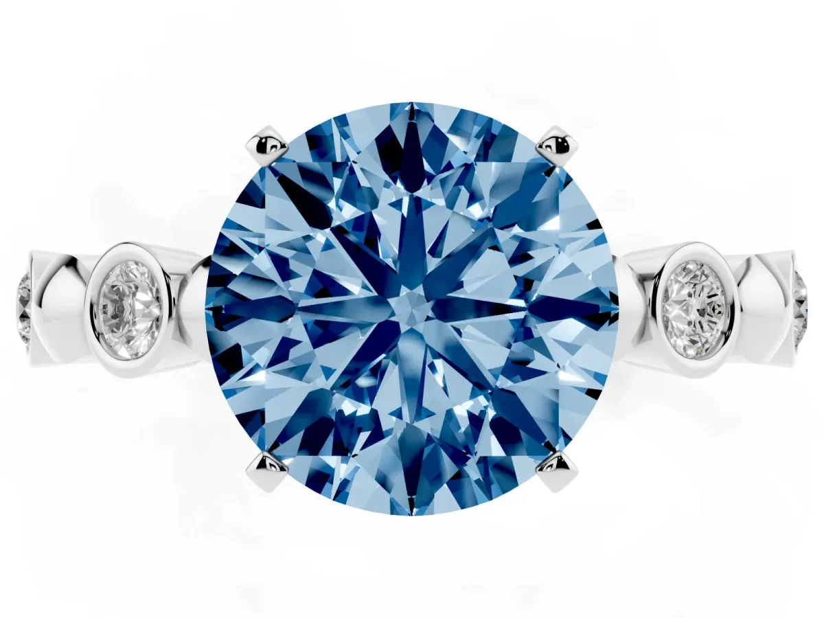 Fancy Blue Round Cut Solitaire Bezel-Set Diamond Ring with Beaded Band and Four-Prong Setting Silver