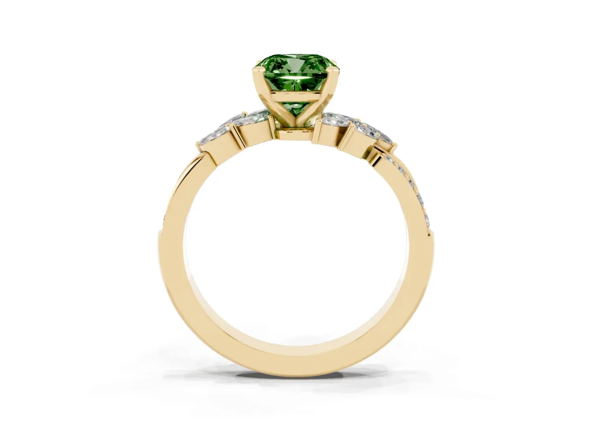 Fancy Green Cushion Cut Solitaire Marquise Twist Band with Six-Prong Setting Yellow gold