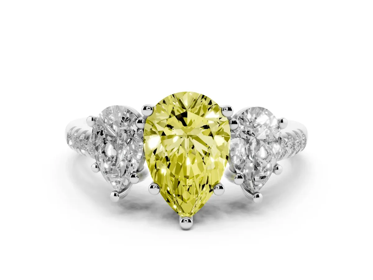 Fancy Yellow Three-Stone Pear Cut Diamond Ring with Round Pavé Band and Prong Setting Silver