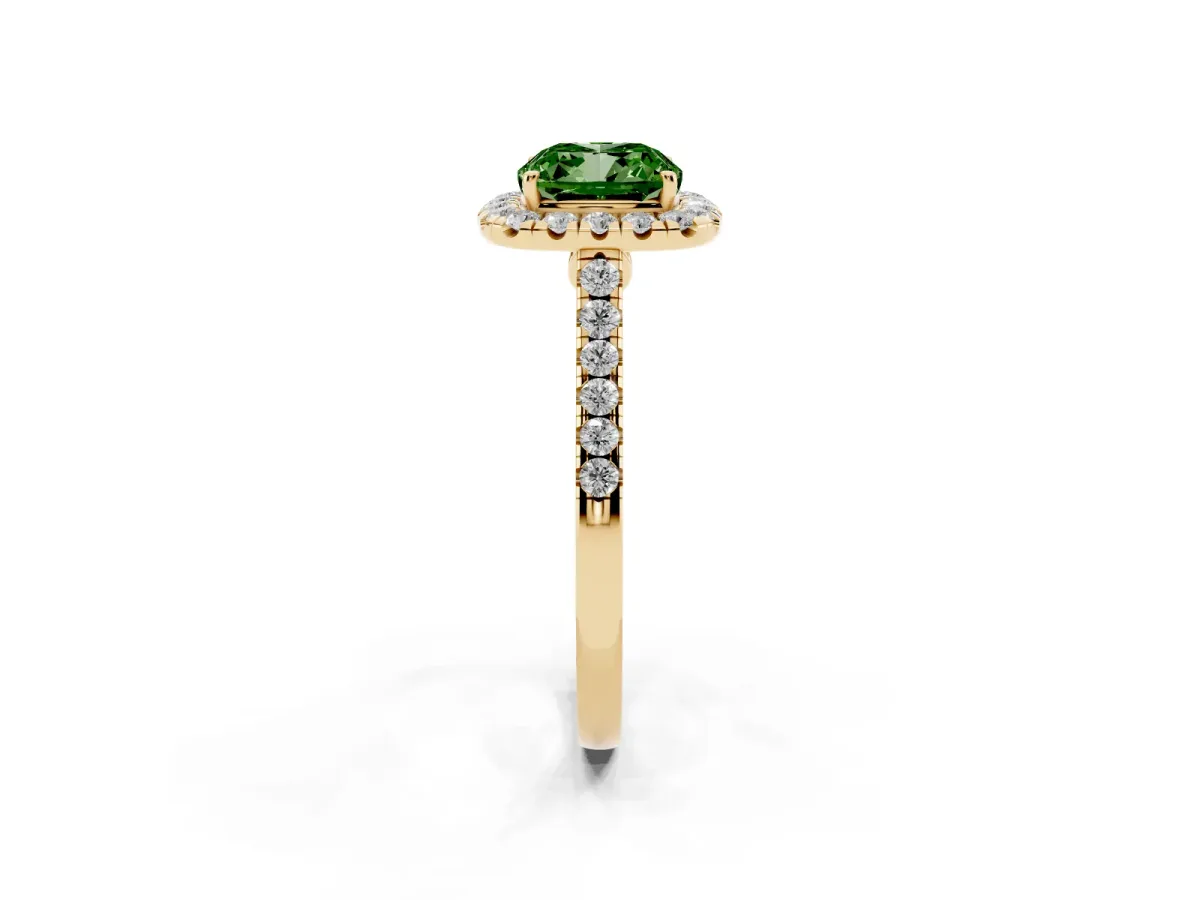 Fancy Green Cushion Cut Halo Pave Diamond Engagement Ring with Four-Prong Setting Yellow gold
