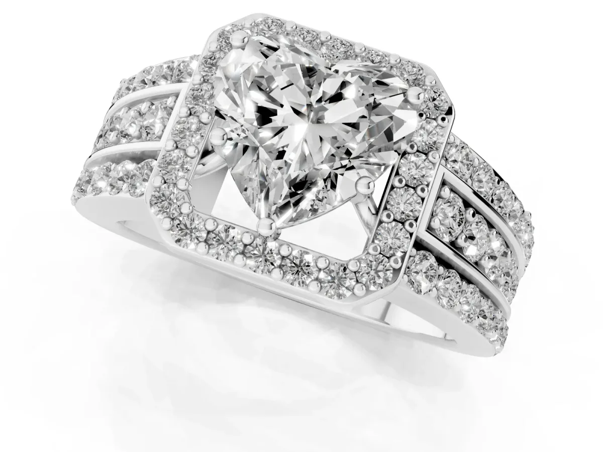 Heart Cut Halo Diamond Ring with Round Split Shank and Prong Setting Platinum