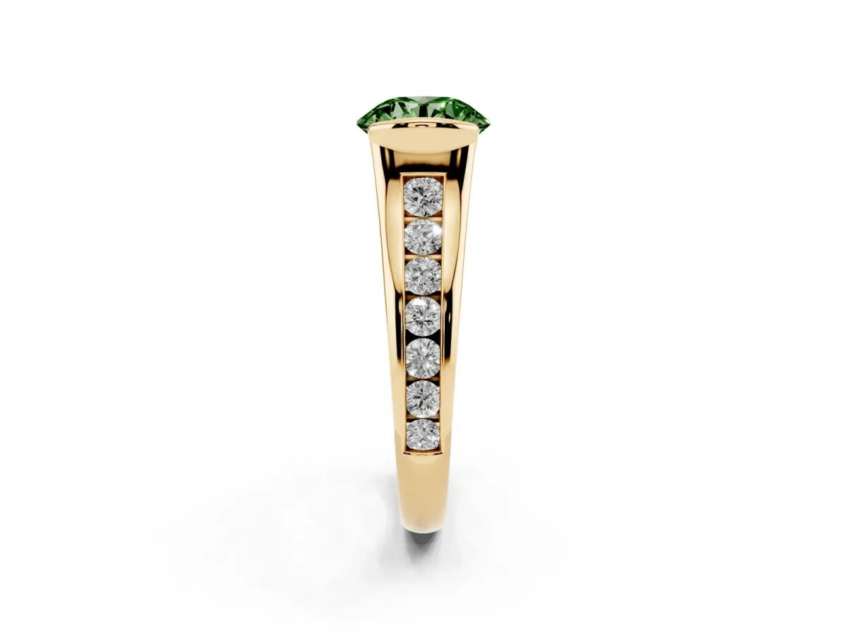 Fancy Green Round Cut Solitaire Bezel-Set Diamond Ring with Channel-Set Band Yellow gold