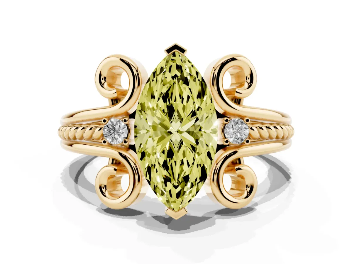 Fancy Yellow Marquise Cut Solitaire Twisted Band Scroll Prong Ring Yellow gold