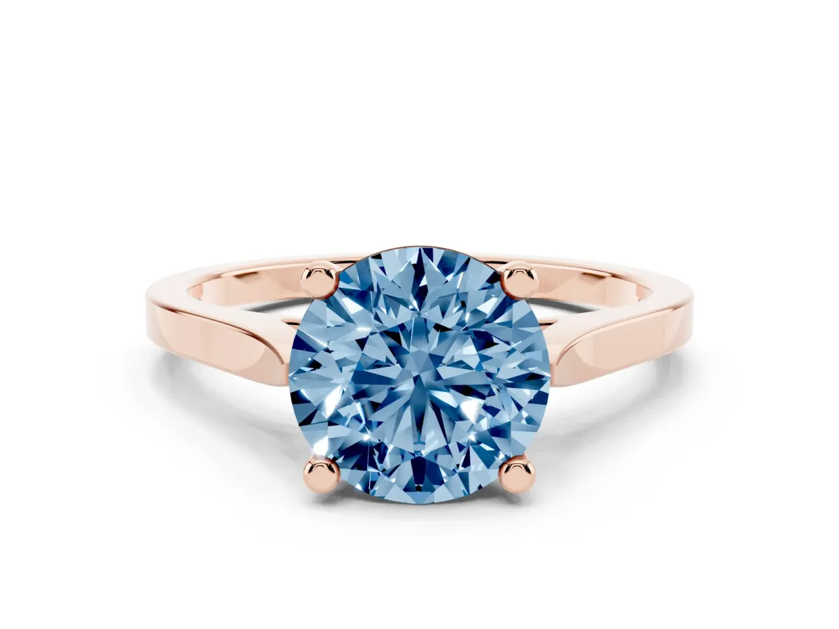 Fancy Blue Round Cut Solitaire Diamond Ring with Four-Prong Setting and Tapered Band Rose gold