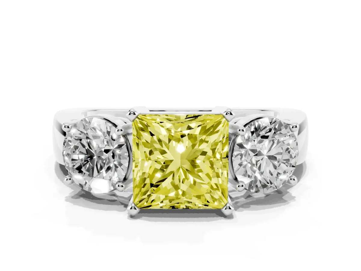 Fancy Yellow Three-Stone Princess Cut Diamond Ring with Round Side Stones, Classic Band, and Four-Prong Setting Platinum