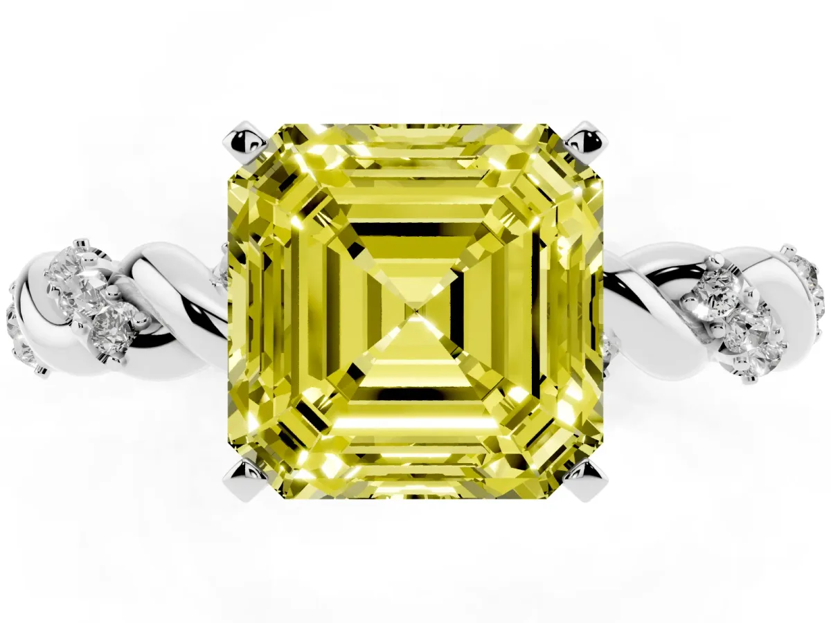 Fancy Yellow Asscher Cut Diamond Solitaire Ring with Twisted Band and Pavé Accents Platinum