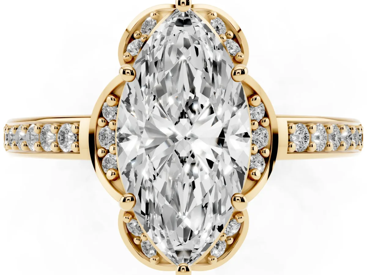 Marquise Cut Cut Halo Diamond Ring with Channel Set Band and Four-Prong Setting Yellow gold