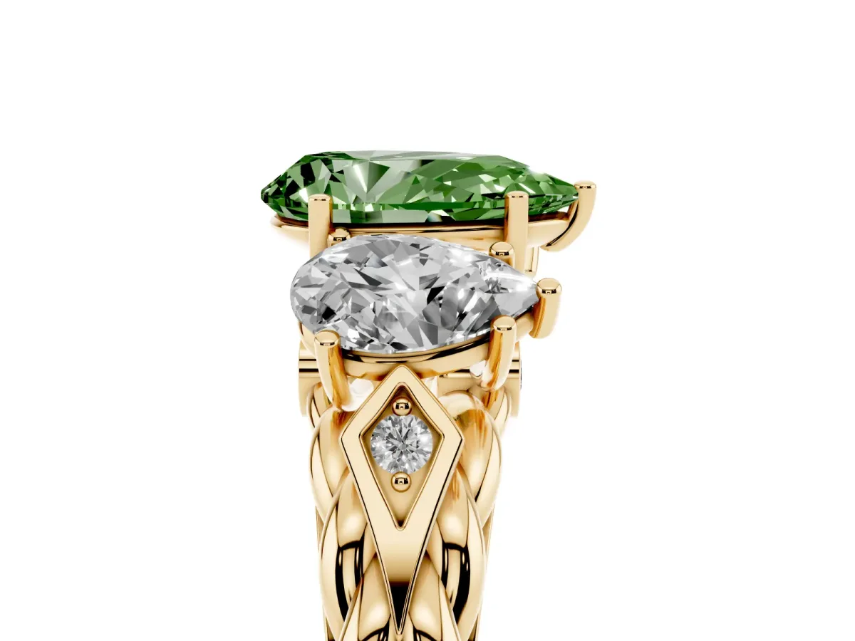Fancy Green Three-Stone Pear Cut Diamond Braided Band Ring with Four-Prong Setting Yellow gold