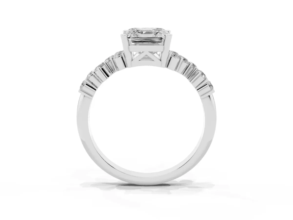 Asscher Cut Diamond Scattered Round Accent Ring with Prong Setting White gold