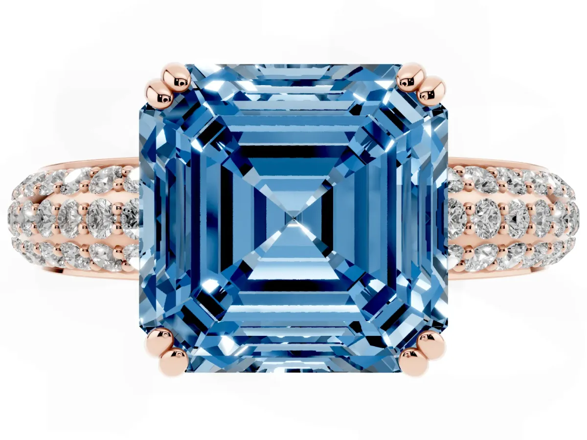 Fancy Blue Asscher Cut Diamond Solitaire Ring with Multi-Row Round Pavé Band and Prong Setting Rose gold