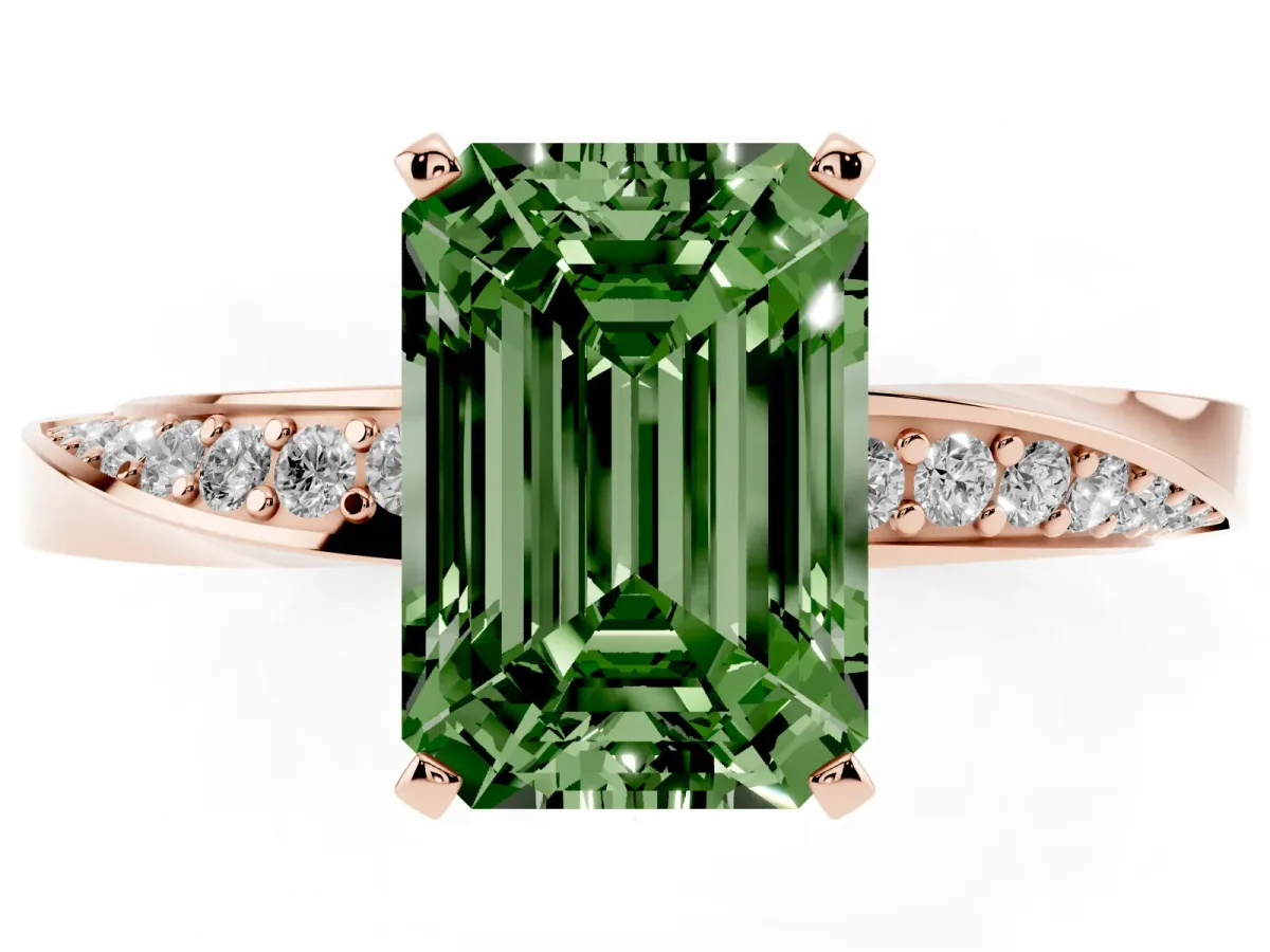 Fancy Green Emerald Cut Diamond Engagement Ring with Side Stone Accents and Four-Prong Setting Rose gold