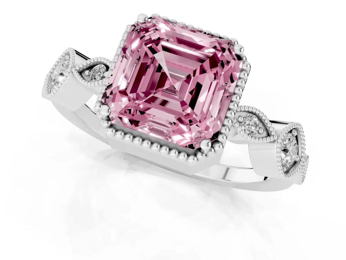 Fancy Pink Asscher Cut Diamond Vintage Milgrain Ring with Round Stations Platinum