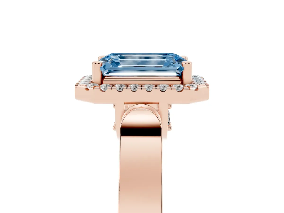 Fancy Blue Emerald Cut Halo Round Diamond Twist Band with Four-Prong Setting Rose gold