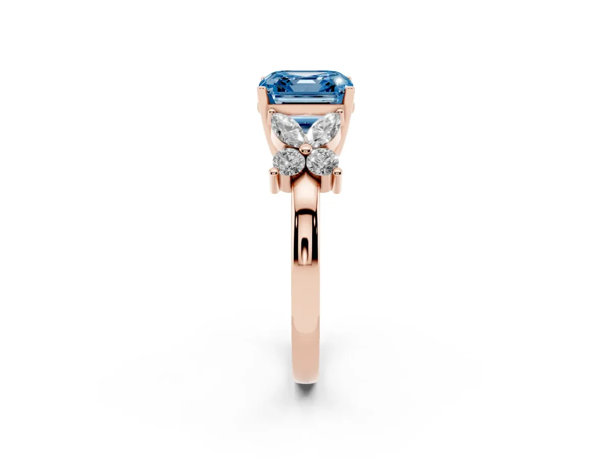 Fancy Blue Asscher Cut Diamond Floral Cluster Ring with Solitaire Band and Prong Setting Rose gold