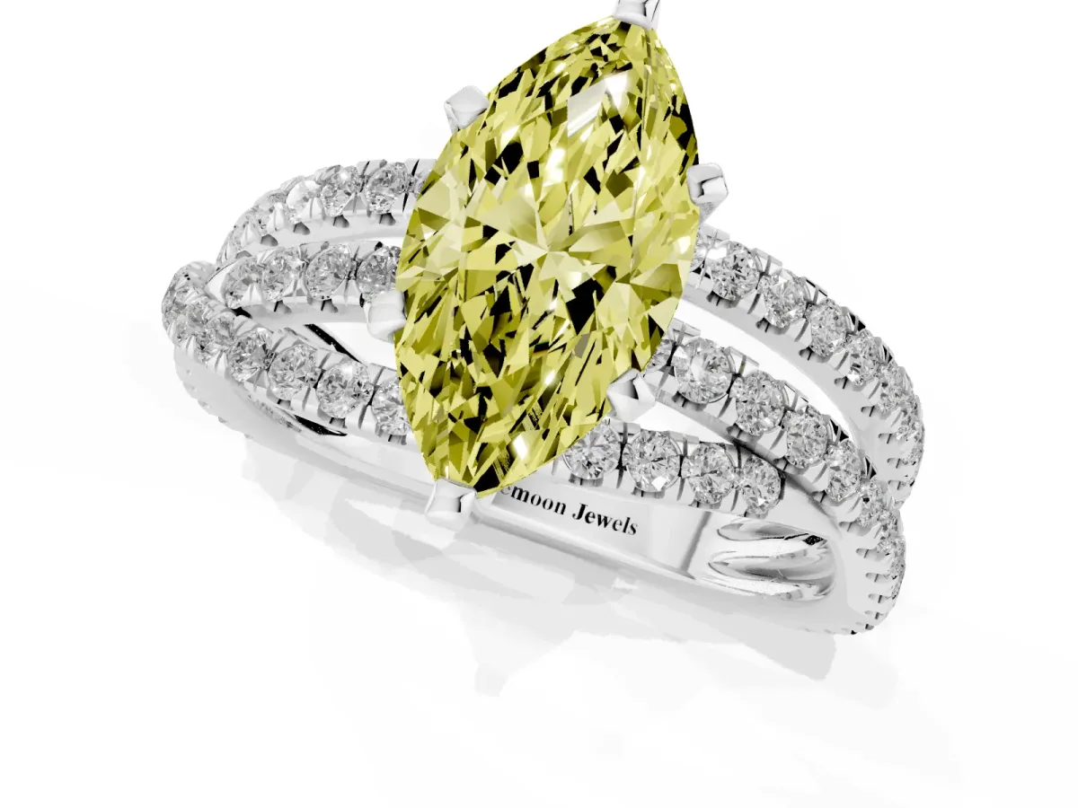 Fancy Yellow Marquise Cut Solitaire Twist Band with Pavé Setting and Four-Prong Setting Platinum