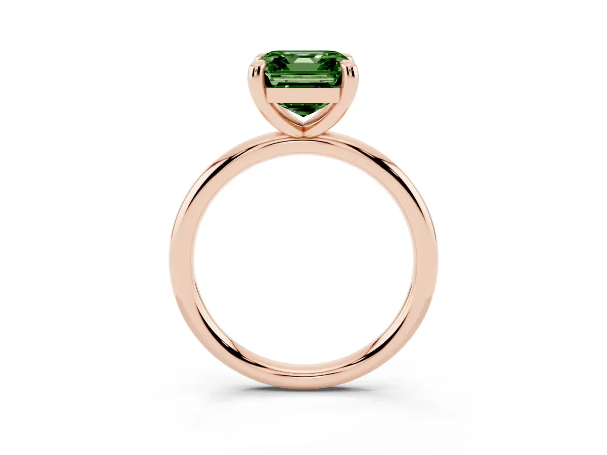 Fancy Green Asscher Cut Solitaire Diamond Ring with Four-Prong Setting on a Plain Band Rose gold