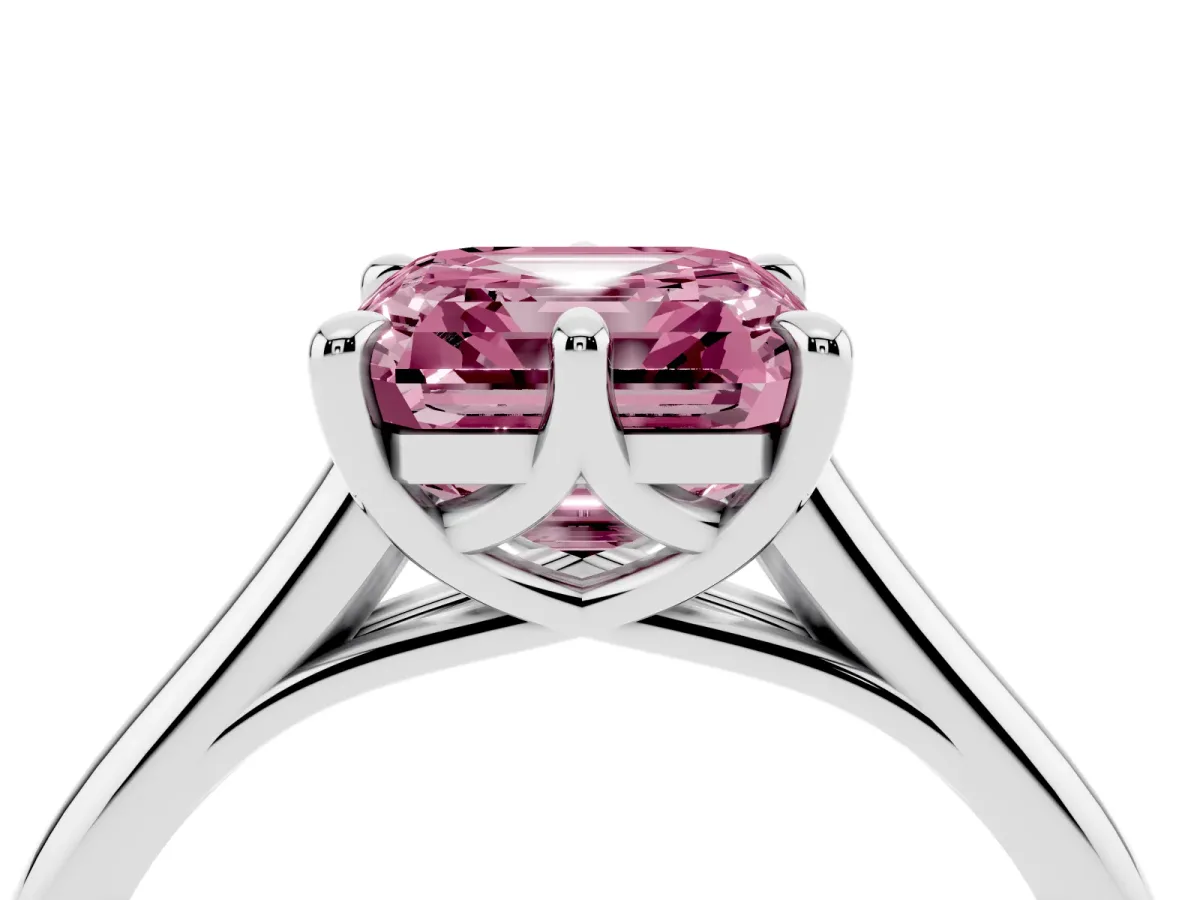 Fancy Pink Asscher Cut Solitaire Engagement Ring with Six-Prong Setting and Classic Band Platinum