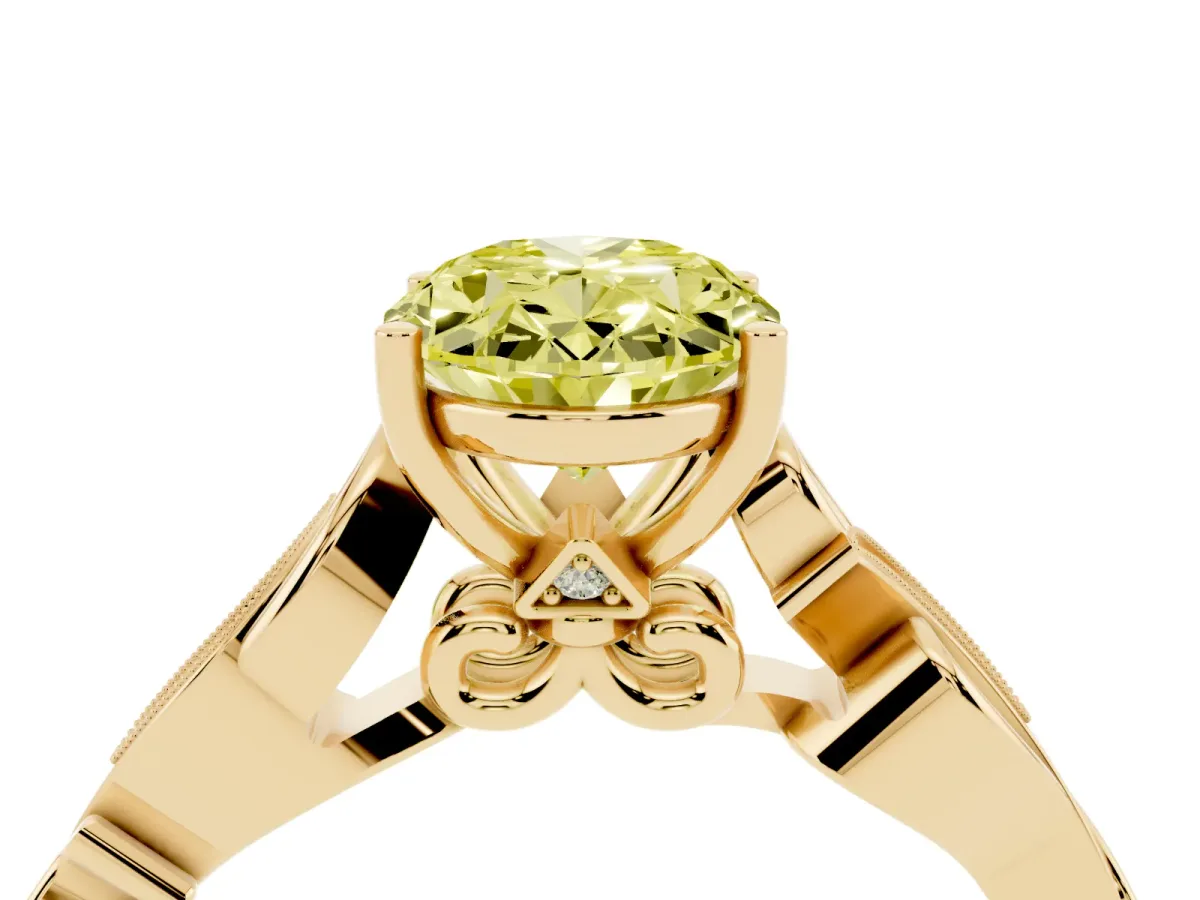 Fancy Yellow Oval Cut Solitaire Vine Band with Milgrain Prong Setting Yellow gold