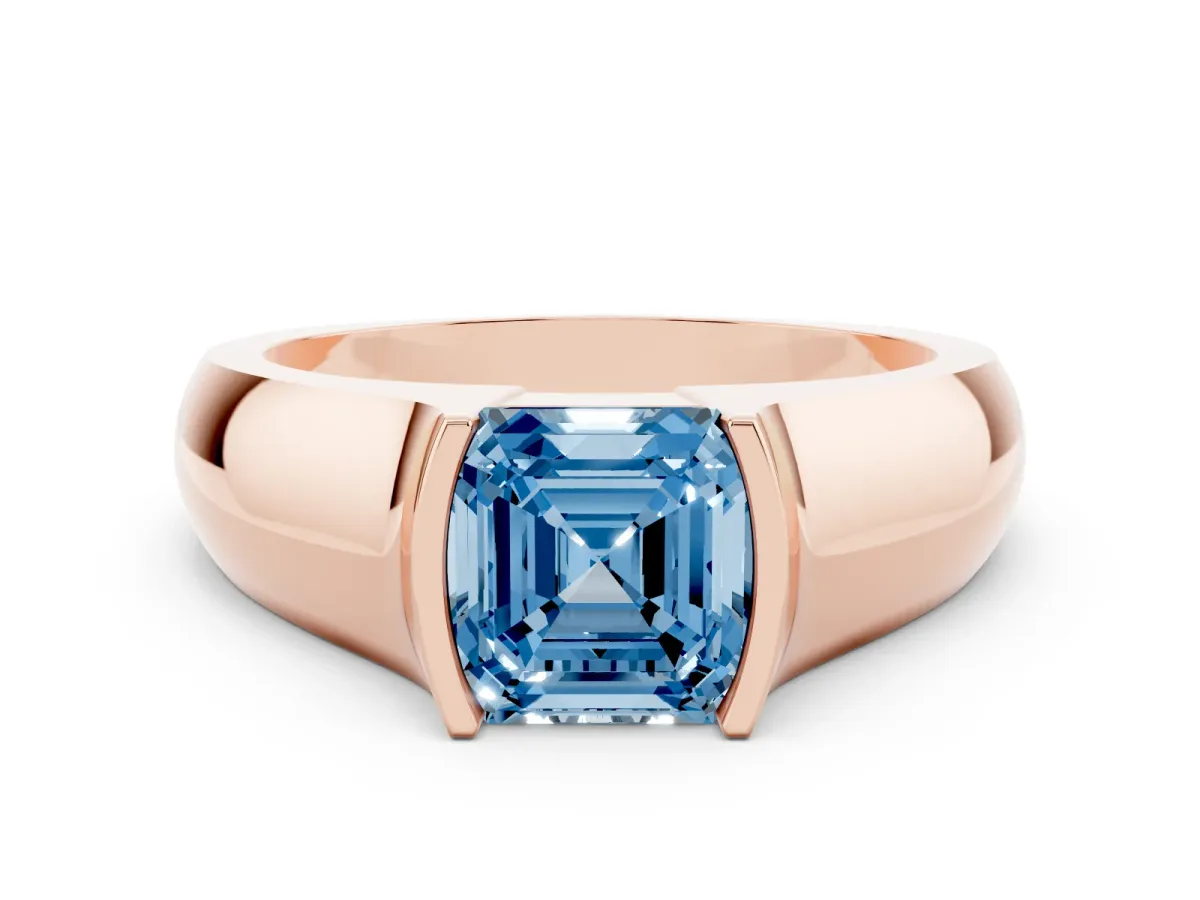 Fancy Blue Asscher Cut Solitaire Bezel Set Diamond Ring with Wide Band Rose gold