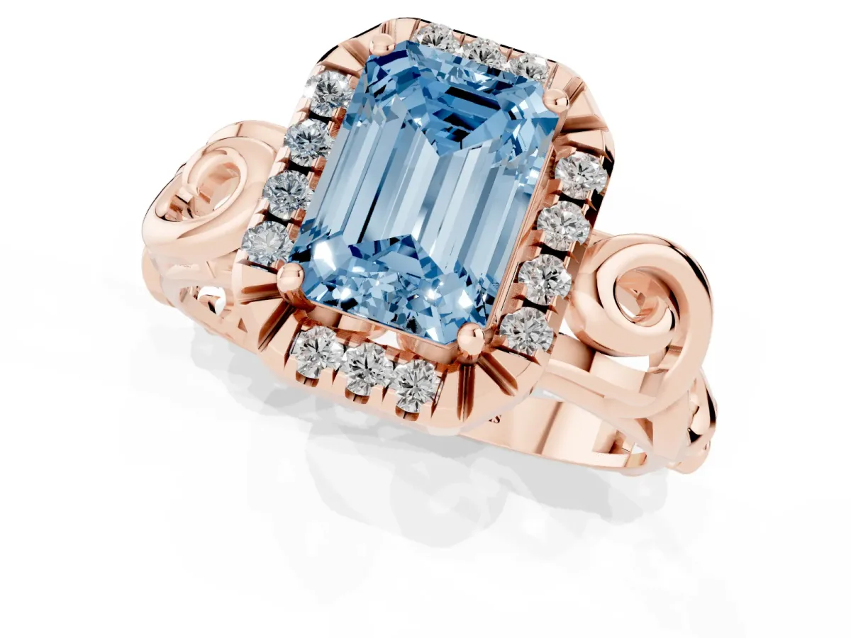 Fancy Blue Emerald Cut Cut Halo Diamond Ring with Scrollwork Band and Four-Prong Setting Rose gold