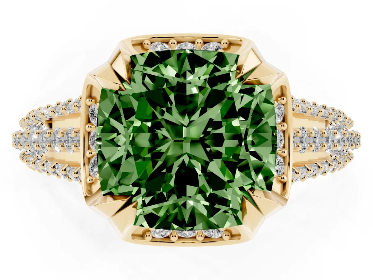 Fancy Green Cushion Cut Solitaire Pave Split Shank Ring with Four-Prong Setting Yellow gold
