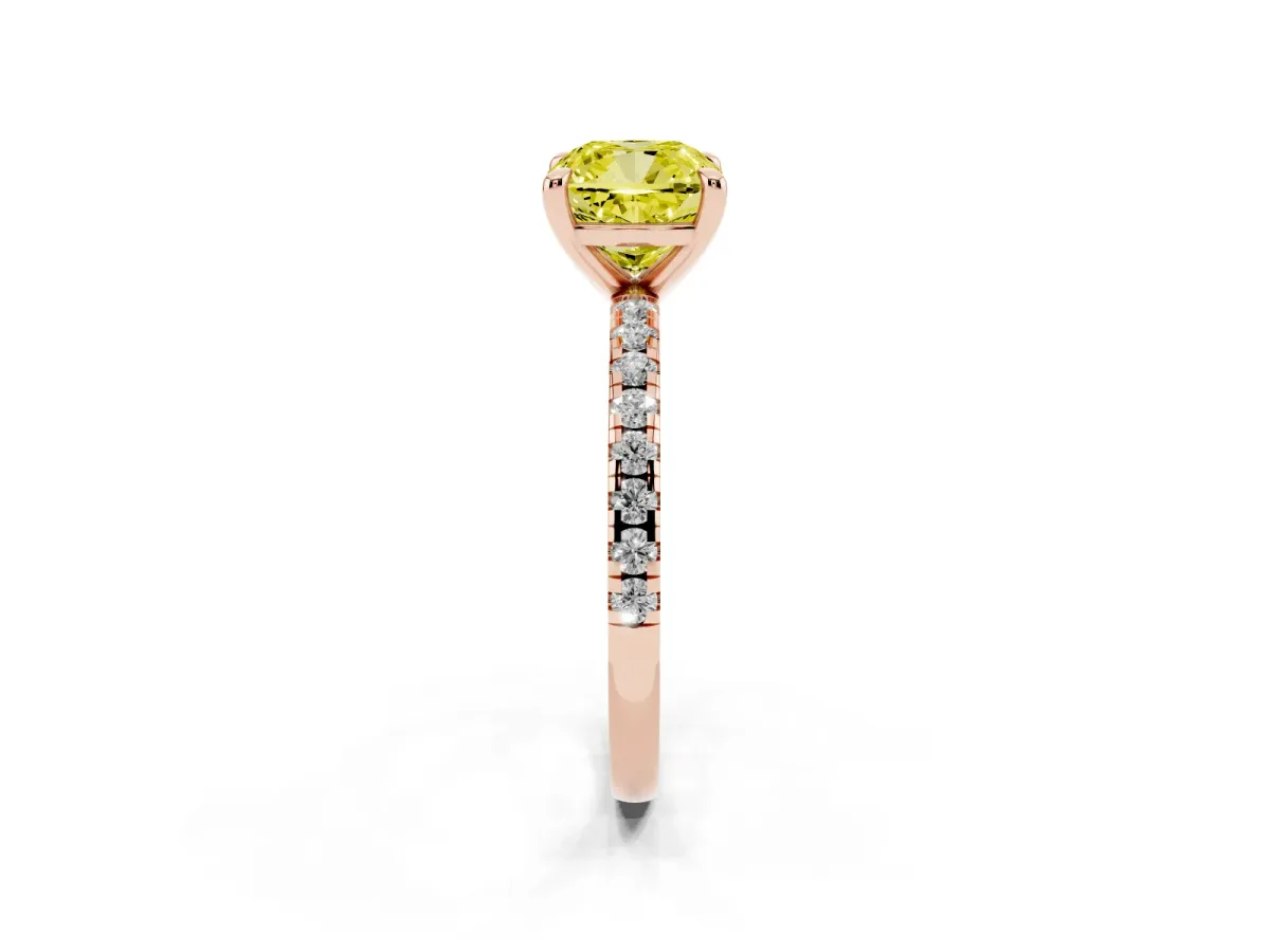 Fancy Yellow Cushion Cut Diamond Brilliant Solitaire Ring with Pavé Band and Four-Prong Setting Rose gold
