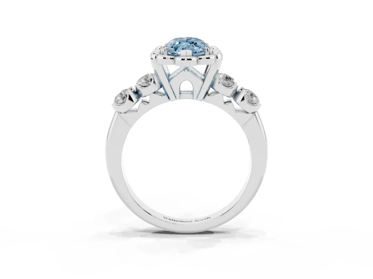 Fancy Blue Marquise Cut Cut Diamond Floral Halo Engagement Ring with Shared Prong Setting Silver