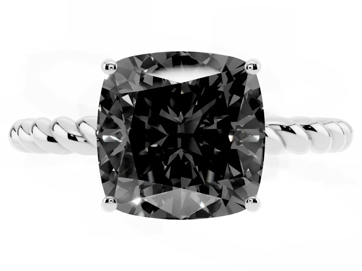Fancy Black Cushion Cut Solitaire Twisted Band 4-Prong Ring Silver