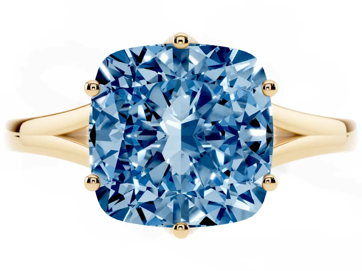 Fancy Blue Cushion Cut Solitaire Diamond Ring with Six-Prong Setting and Tapered Band Yellow gold